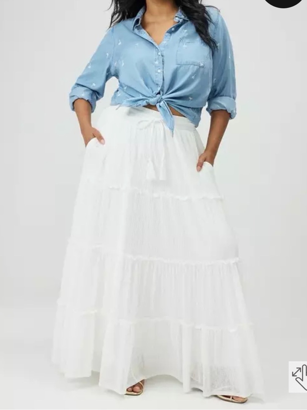 Women's White Tiered Maxi Skirt with Elastic Waist